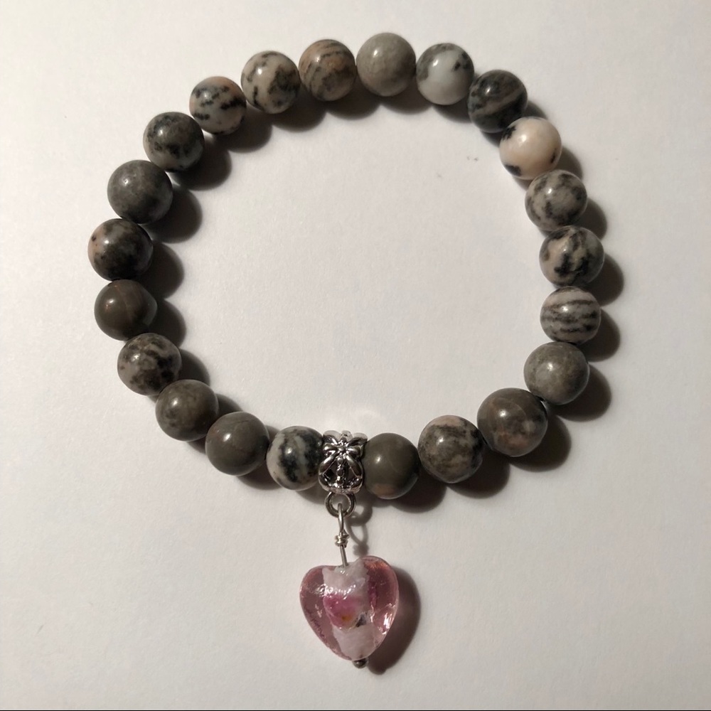 Pink Zebra Jasper & Heart Charm Bracelet